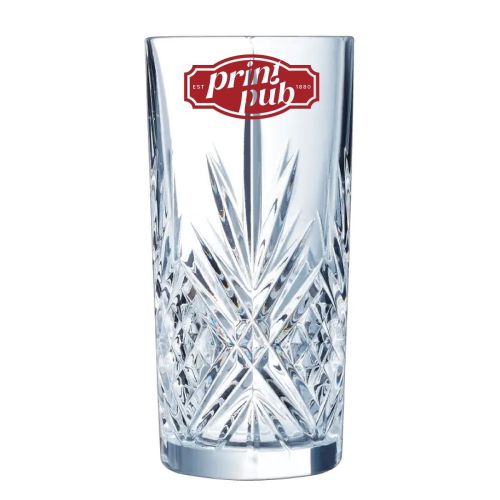 Broadway longdrinkglas 38 cl. met enkelkleurig PrintPub-logo aan voorzijde, op helder glas.