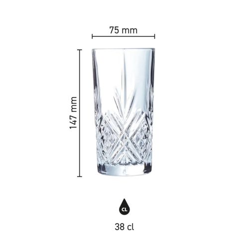 Infographic met afmetingen van Broadway longdrinkglas 38 cl., weergegeven in millimeters.