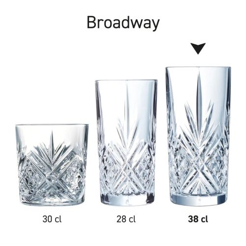 Serie Broadway longdrinkglazen in gelijke opstelling als serie getoond.