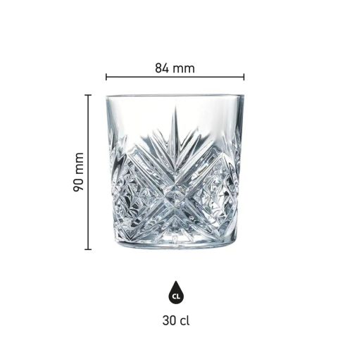 Infographic toont exacte afmetingen van het Broadway Tumbler glas 30 cl. in overzichtelijk schema.