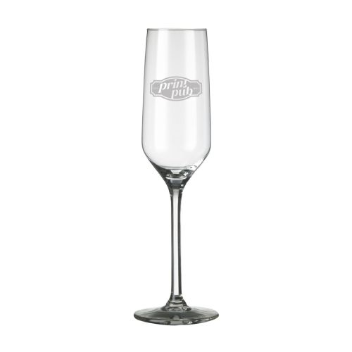 Carre champagneflute 22 cl. met gegraveerd PrintPub-logo in het glasoppervlak.