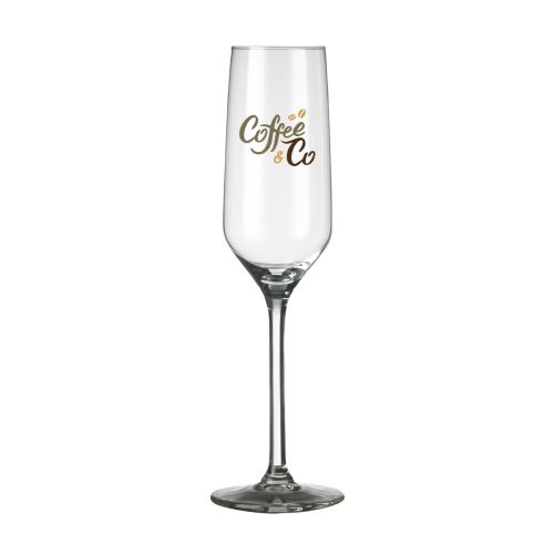 Carre champagneflute 22 cl. met een meerkleurig CoffeeCo-logo op de voorzijde gedrukt.