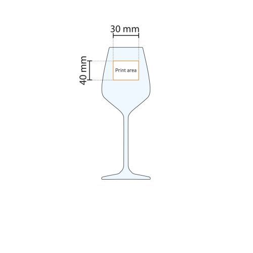Technische tekening van Carre wijnglas 29 cl. met markering van het drukgebied.
