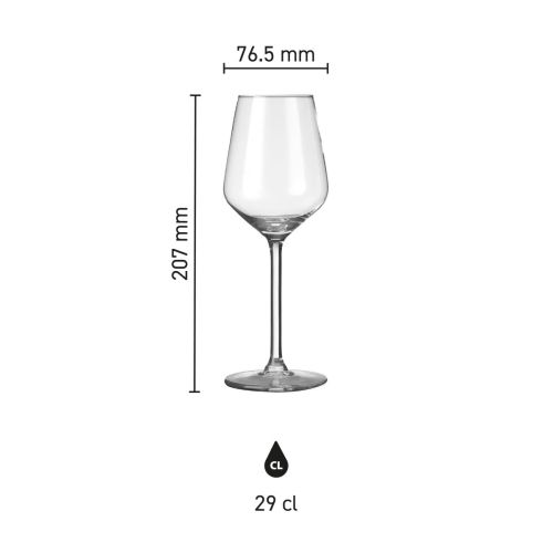 Maten en verhoudingen van het Carre wijnglas 29 cl. visueel weergegeven in infographic.