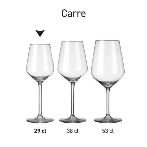 Reeks Carre wijnglazen als serie gepresenteerd, toont variatie binnen de lijn.