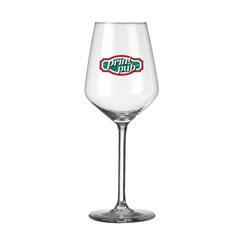 Voorzijde van Carre wijnglas 38 cl. met meerkleurig PrintPub-logo op het glas gedrukt.