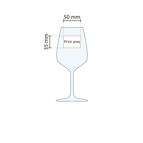 Drukgebiedweergave van het Carre wijnglas 53 cl. met markering voor logopositie.