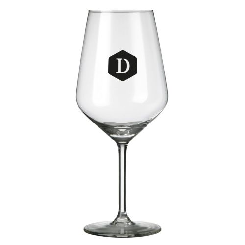 Carre wijnglas 53 cl. bedrukt met een enkelkleurig DailyDrinks-logo op het voorvlak.