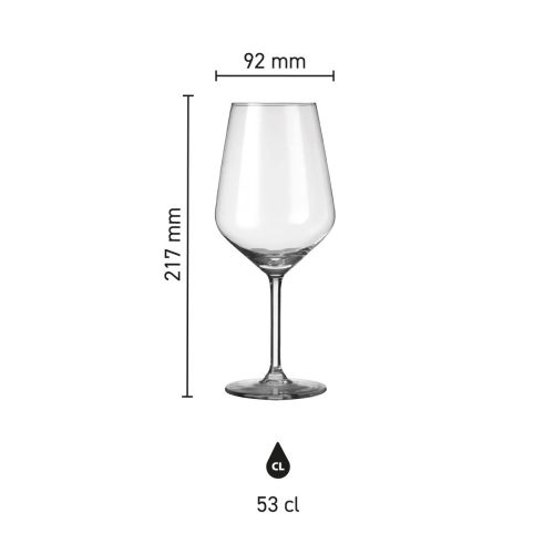 Infographic met glasafmetingen van het Carre wijnglas 53 cl., inclusief hoogte en inhoud.