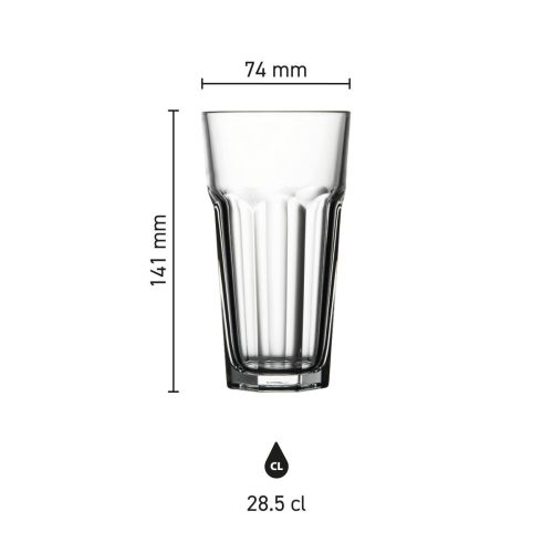 Infographic toont glasafmetingen van Casablanca Latte Hoog 28,5 cl. in millimeters en verhoudingen.