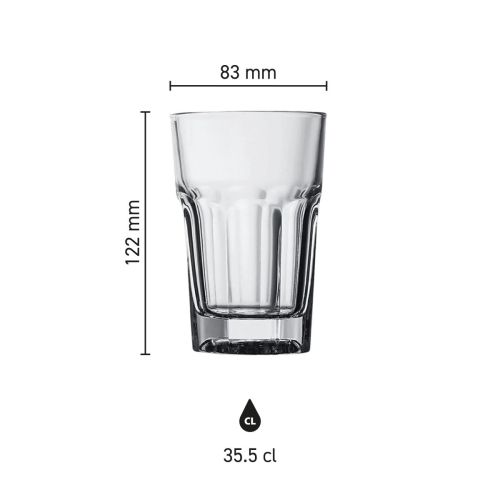 Infographic toont de afmetingen van het Casablanca Longdrink glas 35,5 cl. in millimeters.