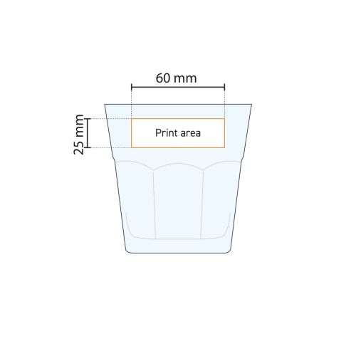 Casablanca Rocks glas 20,8 cl. met aanduiding van het drukgebied in een technische werktekening.