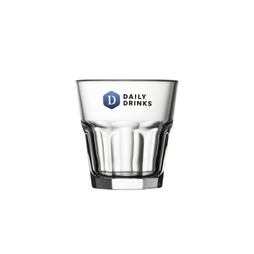 Casablanca Rocks glas 20,8 cl. bedrukt met meerkleurig DailyDrinks-logo op de voorzijde.