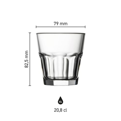 Infographic toont de afmetingen van het Casablanca Rocks glas 20,8 cl. in overzichtelijke weergave.