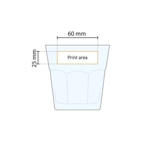 Casablanca Rocks glas 24,5 cl. met drukgebied aangeduid in technische werktekening voor logopositie.