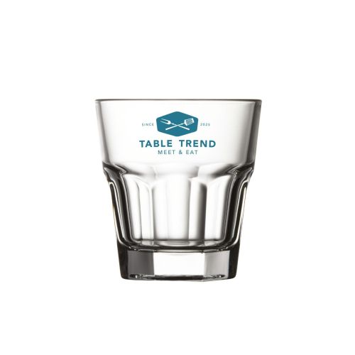 Vooraanzicht van Casablanca Rocks glas 24,5 cl. met enkelkleurig TableTrend-logo op transparant glas.