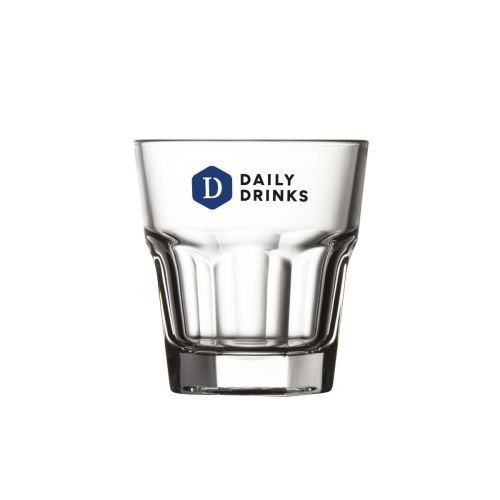 Casablanca Rocks glas 24,5 cl. bedrukt met meerkleurig DailyDrinks-logo zichtbaar op de voorzijde.