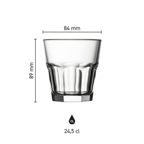 Infographic toont glasafmetingen van Casablanca Rocks 24,5 cl. met maatlijnen en schaal.