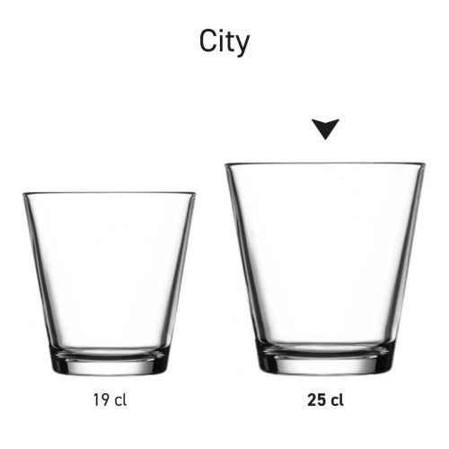 Serieopstelling van meerdere City glazen 25 cl. gepresenteerd met diverse logo-uitvoeringen.