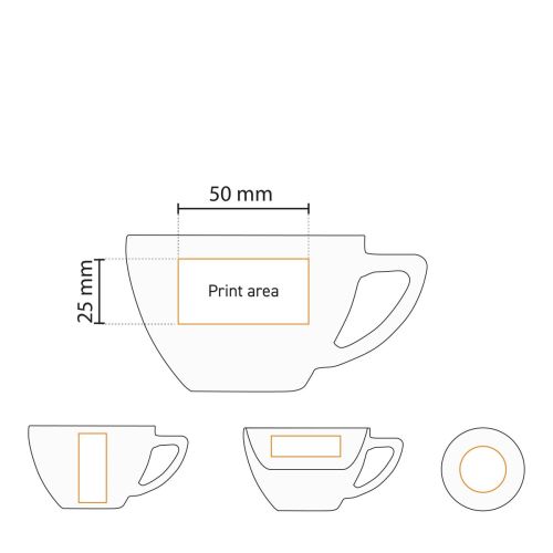 Gedetailleerde werktekening met drukgebied van Classic Cappuccino kop wit 20 cl. voor logopositie.