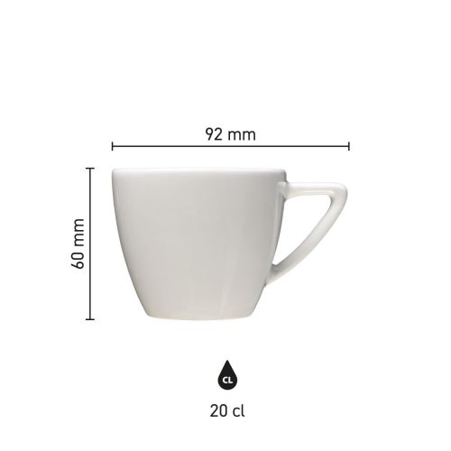 Infographic toont afmetingen van de Classic Cappuccino kop wit 20 cl. in technische weergave.