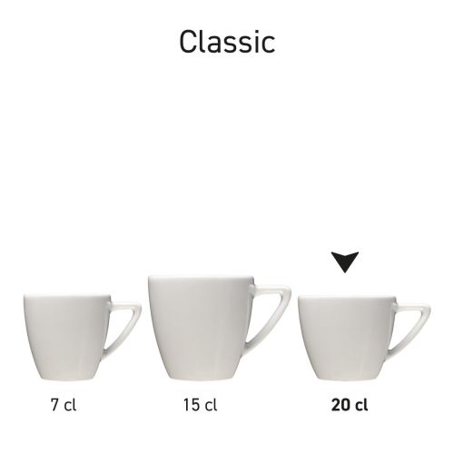 Serie witte Classic Cappuccino koppen van verschillende inhouden, gepresenteerd als Classic-serie