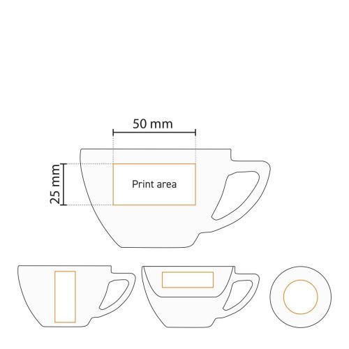 Gedetailleerde werktekening met drukgebied van Classic Cappuccino 20 cl. porseleinen SET.