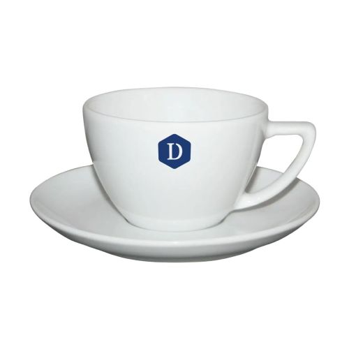 Voorzijde van cappuccinokop uit 20 cl. SET, bedrukt met éénkleurig DailyDrinks-logo op porselein.