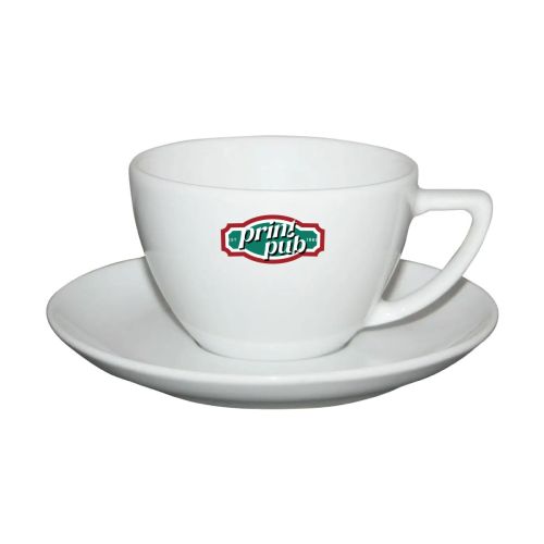 Classic Cappuccino porseleinset 20 cl. met meerkleurig PrintPub-logo aan de voorzijde van de kop.