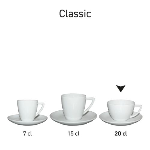 Serie Classic Cappuccino Sets wit in porselein, gepresenteerd als Classic-serie.
