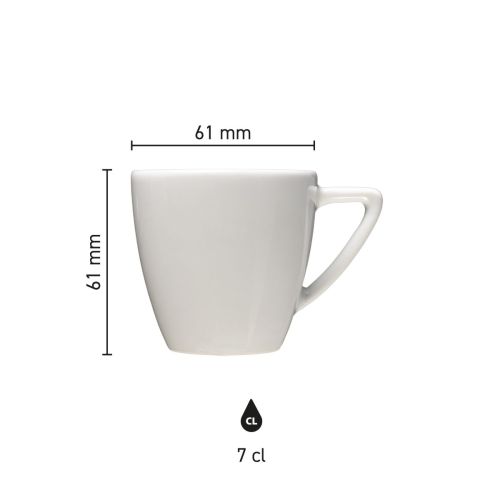 Infographic toont productafmetingen van de Classic Espresso kop wit 7 cl. in millimeters.