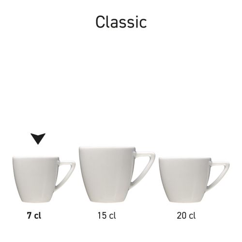 Serie Classic Espresso koppen in wit porselein, gepresenteerd in serie.