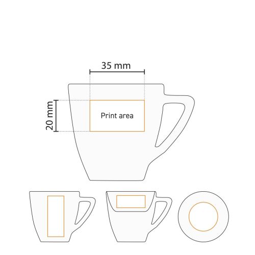 Technische werktekening met drukgebied van Classic Espresso wit 7 cl. SET porselein voor bedrukking.