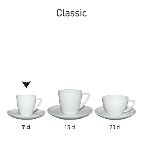 Overzicht van meerdere Classic Espresso sets wit als uniforme porseleinen SET gepresenteerd.