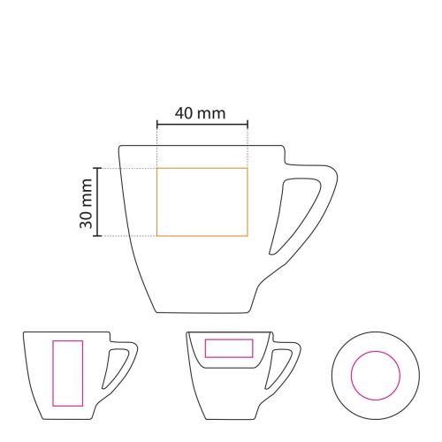 Technische werktekening toont drukgebied voor logo-opdruk op de Classic Koffie kop wit 15 cl.