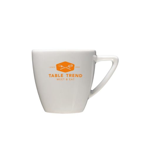 Voorzijde van Classic Koffie kop 15 cl. bedrukt met éénkleurig TableTrend-logo op wit porselein.