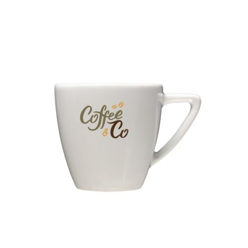 Porseleinen koffie kop 15 cl. bedrukt met meerkleurig CoffeeCo-logo op het voorvlak van de kop.