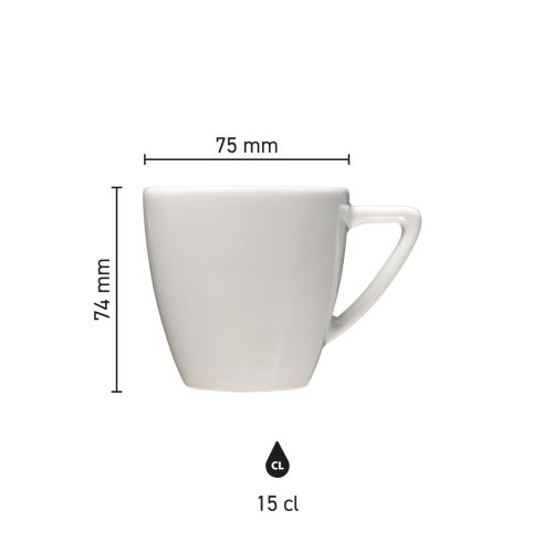 Infographic toont technische productafmetingen van de Classic Koffie kop wit 15 cl. in millimeters.