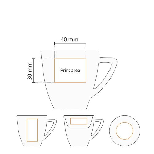 Gedetailleerde werktekening toont het drukgebied van Classic Koffie wit 15 cl. SET porselein.