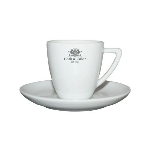 Voorzijde van Classic Koffie wit 15 cl. set. met éénkleurig CorkColor-logo op porselein.