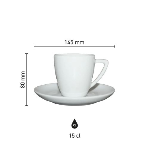 Infographic toont technische maatvoering van Classic Koffie wit 15 cl. SET porselein in millimeters.