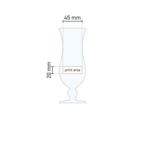 Technische werktekening met aanduiding van drukgebied op cocktailglas Blue Hawai 44 cl. glas.