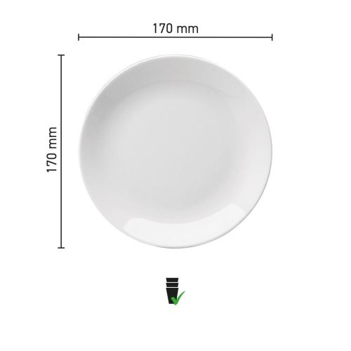 Infographic toont exacte afmetingen van het 17 cm porseleinen Hotel coupebord.