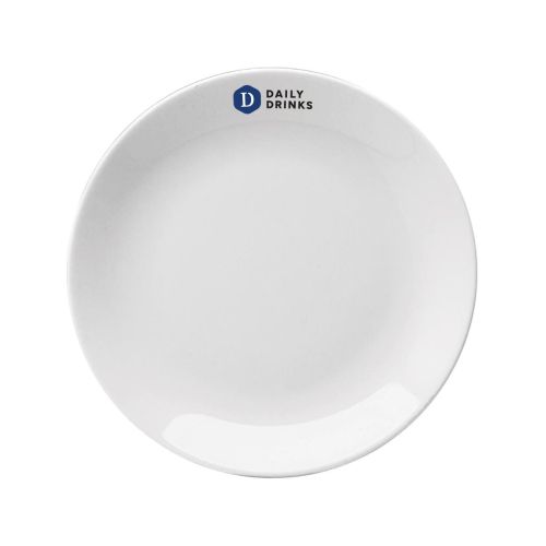 Coupebord Hotel wit 21 cm porselein met DailyDrinks-logo in meerdere kleuren op het voorvlak.