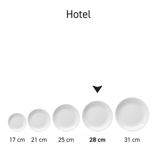 Reeks Hotel coupeborden wit porselein gepresenteerd als onderdeel van een servieslijn.