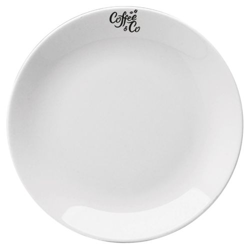 Hotel coupebord wit porselein 31 cm met CoffeeCo-logo in een enkele kleur zichtbaar aan de bovenkant.