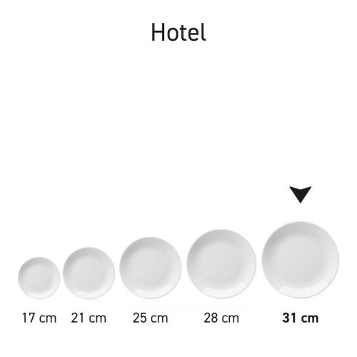 Overzicht van meerdere witte Hotel coupeborden porselein in een complete serviesserie.