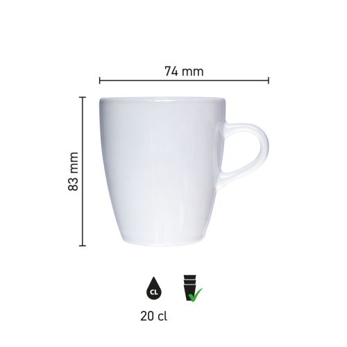 Infographic toont technische afmetingen van Cynthia mok wit 20 cl. porselein in millimeters.