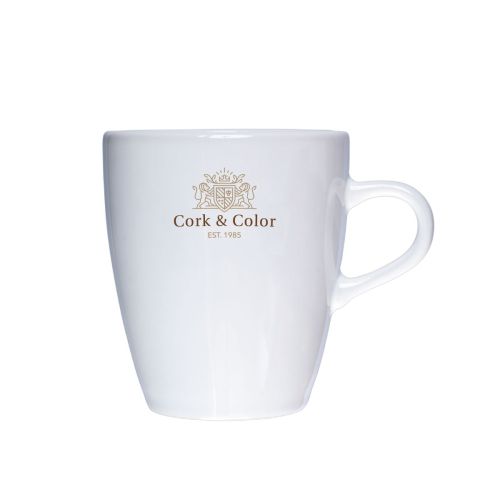 Vooraanzicht van Cynthia mok 20 cl. bedrukt met kleurrijk CorkColor-logo op porselein.