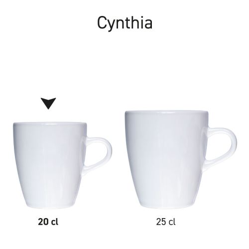 Serie Cynthia mokken wit 20 en 25 cl. van porselein, gepresenteerd als uniforme productreeks.